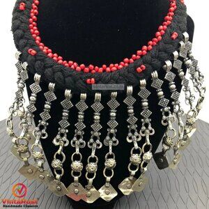 Handcrafted Afghan Tribal Bib Necklace: Red Beads, Silver Charms